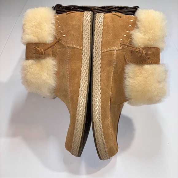 UGG Elowen Moccasin Booties Zip Ankle Boots Chestnut Suede Fur Trim 12 Worn Once - Picture 5 of 11
